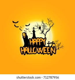 Creepy Halloween Background with Full Moon and Scary Mysterious Creatures. Vector Illustration