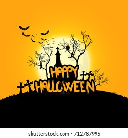 Creepy Halloween Background with Full Moon and Scary Mysterious Creatures. Vector Illustration