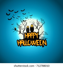Creepy Halloween Background with Full Moon and Scary Mysterious Creatures. Vector Illustration