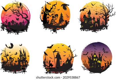 Creepy Halloween background with haunted house bats and pumpkin Vector set 