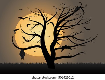Creepy Halloween background with several different bats flying with a moon in the background