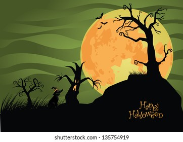 Creepy Halloween background with trees and cat. EPS 10 vector, grouped for easy editing. No open shapes or paths.