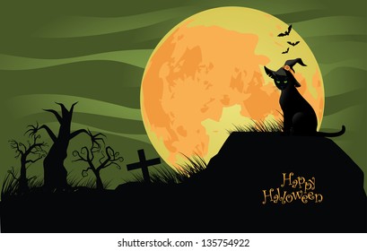Creepy Halloween background with trees and cat. EPS 10 vector, grouped for easy editing. No open shapes or paths.