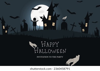 Creepy Halloween banner with cartoon Black Girl silhouette, moonlight, bat, scary castle, thing. Design of Halloween poster, card, banner, invitation cover with inscription. Vector illustration.