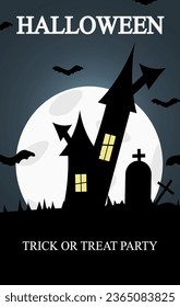 Creepy Halloween banner with cartoon Cemetery with Black Castle silhouette, moonlight, bat. Design of poster with Halloween symbol and inscription. Vector illustration.