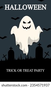 Creepy Halloween banner with cartoon Ghost on the Cemetery landscape. Design of Halloween poster, banner, card cover and inscription. Vector illustration.