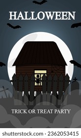 Creepy Halloween banner with cartoon lonely house on cemetery with Black Girl silhouette, moonlight, bat. Design of poster with Halloween symbol and inscription. Vector illustration.