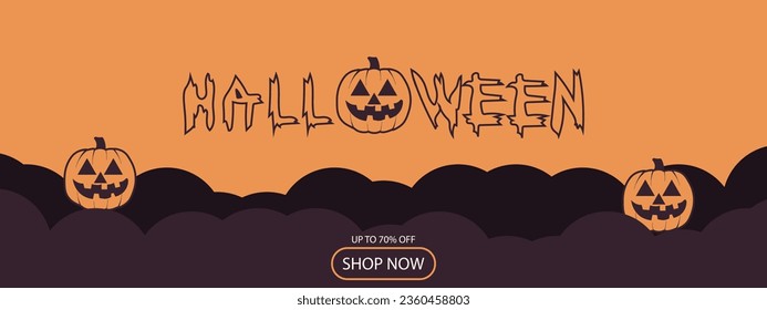 Creepy Halloween banner with cartoon orange Pumkin, silhouette bat, castle, text and shopping button. Design of poster with Halloween symbol and inscription. Vector illustration.