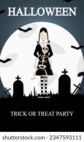 Creepy Halloween banner with cartoon Trendy Girl on cemetery,  moonlight, bat. Design of poster, card cover with Halloween symbol and inscription. Vector illustration.