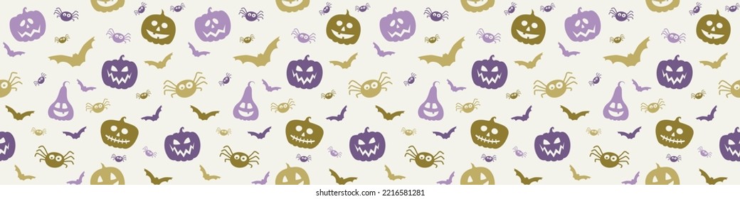 Creepy Halloween banner with pumpkins, bats and spiders. Seamless pattern. Vector