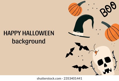 Creepy Halloween banner with skull, pumpkins, bats and Witch's hat. Vector illustration in hand drawn style.