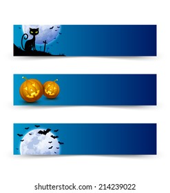 Creepy Halloween banners with full moon, black cat, bats and carved Jack-o'-lantern pumpkins