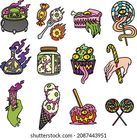 Creepy Halloween Cake and Witchcraft Set on white background for your design for the holiday Halloween. Vector isolated illustration.