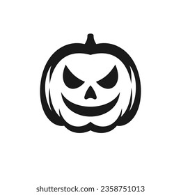 Creepy Halloween calabaza tallada silueta monocroma negra enfurecida cara icono vector ilustración plana. Horror monstruo diabólico Linterna del mes de octubre decoración de vacaciones temible sonriente signo de verdura espeluznante fantasma