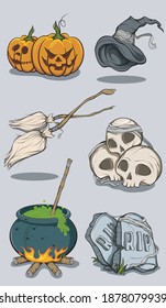 Creepy Halloween celebration set, pumpkin, witch hat, witch's broomstick, skull, furnace, headstone