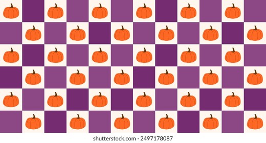 Espeluznante Halloween a cuadros sin patrón con calabazas en colores púrpura. Groovy fondo de otoño. Truco o trato. Diseño de superficie espeluznante.  Moderno estilo retro de los años 90. Cuadrícula en estilo Y2k. Estampado naranja.