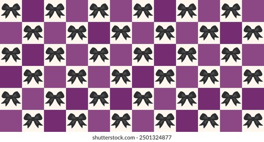 Creepy Halloween checkered seamless pattern with bow knots in purple colors. Groovy autumn background. Trick or treat. Spooky surface design.  Trendy retro style 90s. Grid in Y2k style. Dark print.