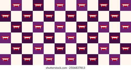 Creepy Halloween checkered seamless pattern with vampire smile in purple colors. Groovy autumn background. Trick or treat. Spooky surface design.  Trendy retro style 90s. Grid backdrop. Dark print.