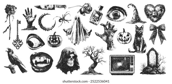 Creepy Halloween collage elements with vintage stippling photocopy effect. Eye, mouth, zombie hand, pumpkin jack, raven, ghost, cat with experimental grunge dotted texture. Retro vector illustration