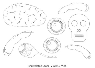 Creepy Halloween coloring page featuring brains, skulls, eyeballs, and monster claws. Fun spooky design for kids and adults.