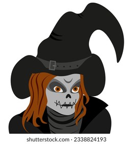 Creepy Halloween concept with cartoon Witch in black hat isolated on transparent background. Scary character with a sewn mouth on a white background. Vector illustration.