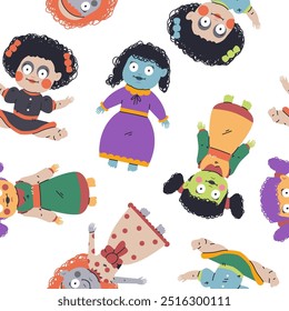 Creepy Halloween dolls vector cartoon seamless pattern background.