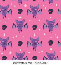Creepy Halloween flying bat and black skull seamless pattern. Cute spooky vampire print design with magic stars. Vector textile wallpaper in doodle flat cartoon style. Scary holiday, pink background