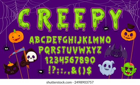 Creepy Halloween font, zombie typeface, spooky Helloween alphabet scary type with cartoon monsters masks. English abc characters vector font, green slime letters and numbers, Halloween pumpkin, ghosts