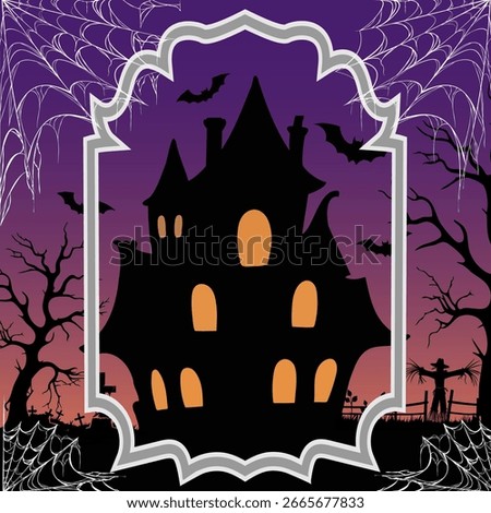 A creepy Halloween frame illustration featuring a haunted house silhouette, glowing windows, flying bats, spider webs and ominous trees against a sunset sky.