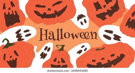 Creepy Halloween Frame com Scary Pumpkins e Flying Ghosts em torno de Halloween Lettering. Jack o Lantern fica de frente para o fundo laranja assustador. Ilustração de vetor desenhada à mão plana