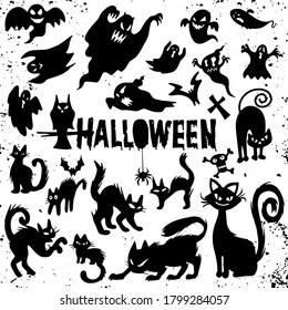 Creepy Halloween ghost and black cat silhouettes, Illustrations template. Vector design