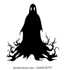 Creepy Halloween ghost black silhouette. Halloween spirit vector illustration in grunge style. Black outline art.