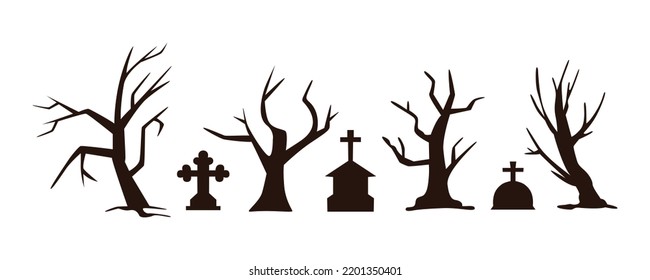 Creepy Halloween graveyard headstones coffins vector collection. Spooky trees silhouettes.