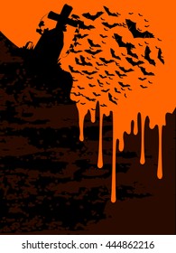 Creepy Halloween graveyard vector background with flying bats over a gravestone formed in dripping blood