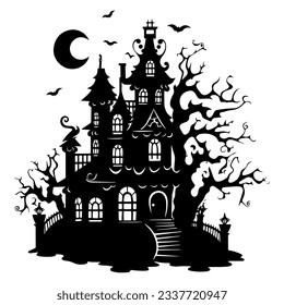 Creepy Halloween haunted castle black and moon silhouette. Halloween vector illustration.