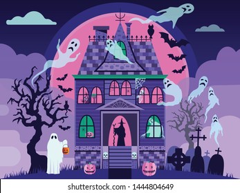 Creepy Halloween haunted house with ghosts, skeleton, witch, spider on web and sculls. Halloween october night postcard with victorian manor house in mist, graveyard, dead trees, bats and full moon.