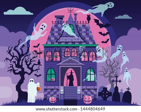 Creepy Halloween haunted house with ghosts, skeleton, witch, spider on web and sculls. Halloween october night postcard with victorian manor house in mist, graveyard, dead trees, bats and full moon.