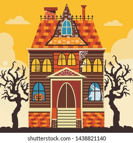 Creepy Halloween haunted house scene with ghost, skeleton, spiderweb and jack-o-lantern pumpkin. Halloween october night greeting card template or poster with monster house and dead trees in mist.