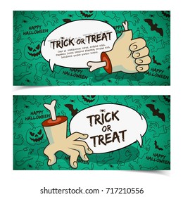 Creepy Halloween horizontal banners with speech cloud zombie arm gestures and icons green background vector illustration