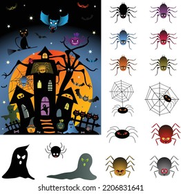 Creepy halloween house with bats, ghost, spiders and monsters illustration vectors 