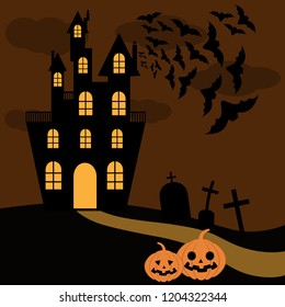 Creepy halloween house with cemetery pumpkins and bats in the sky vector illustration
