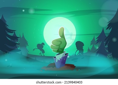 Creepy Halloween illustration with zombie hand showing thumb up out from ground. Vector cartoon horror illustration of zombi apocalypse with night landscape and silhouettes of scary monsters