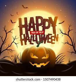 Creepy Halloween midnight illustration. Pumpkins under full moon. Bats are flying. Elements are layered separately in vector file.