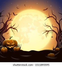 Creepy Halloween midnight illustration. Pumpkins under full moon. Bats are flying. Elements are layered separately in vector file.