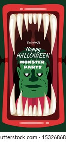 Creepy Halloween Monster Party Halloween party banner scary monster character teeth jaw and tongue in mouth closeup head Zombie. Vector scary illustration invitation flyer template