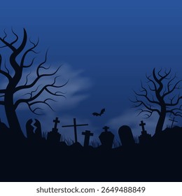 Fundo assustador da noite de Halloween com lápides, morcegos, árvores secas e nuvens. Layout horizontal com espaço para texto. Ilustração vetorial