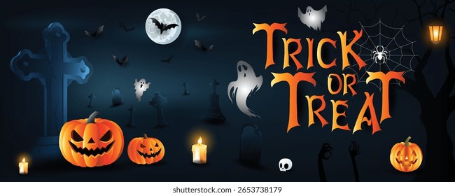 Cena noturna assustadora de Halloween com abóboras, fantasmas, morcegos, cemitério e um texto brilhante de "Truque ou Trate".