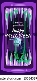 Creepy Halloween party banner scary monster character teeth jaw in mouth spittle closeup dark castle pumpkins cemetery. Vector scary illustration invitation flyer template