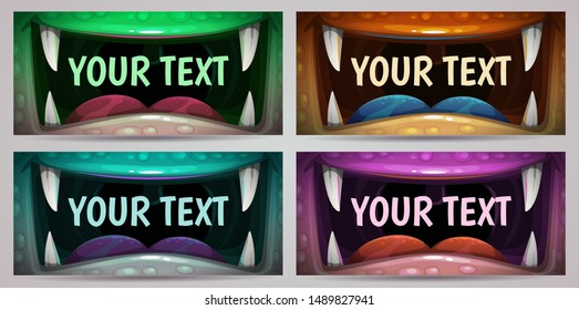 Creepy Halloween party banners. Scary animal jaws backgrounds. Monster mouth illustration. Vector colorful horizontal templates.
