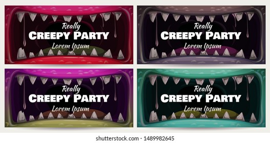 Creepy Halloween party banners. Scary animal jaw background. Monster mouth illustration. Vector templates.